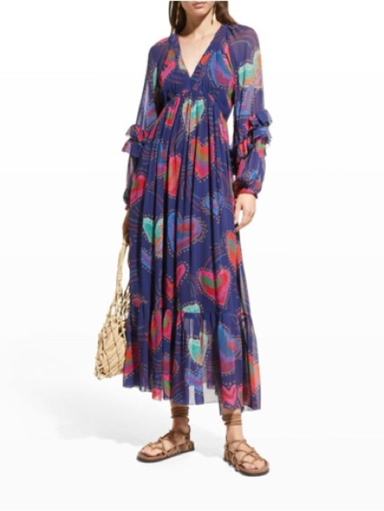 FARM Rio Dresses & Skirts - FARM RIO SHINNY HEARTS PRINTED RUFFLE MAXI DRESS IN MULTI